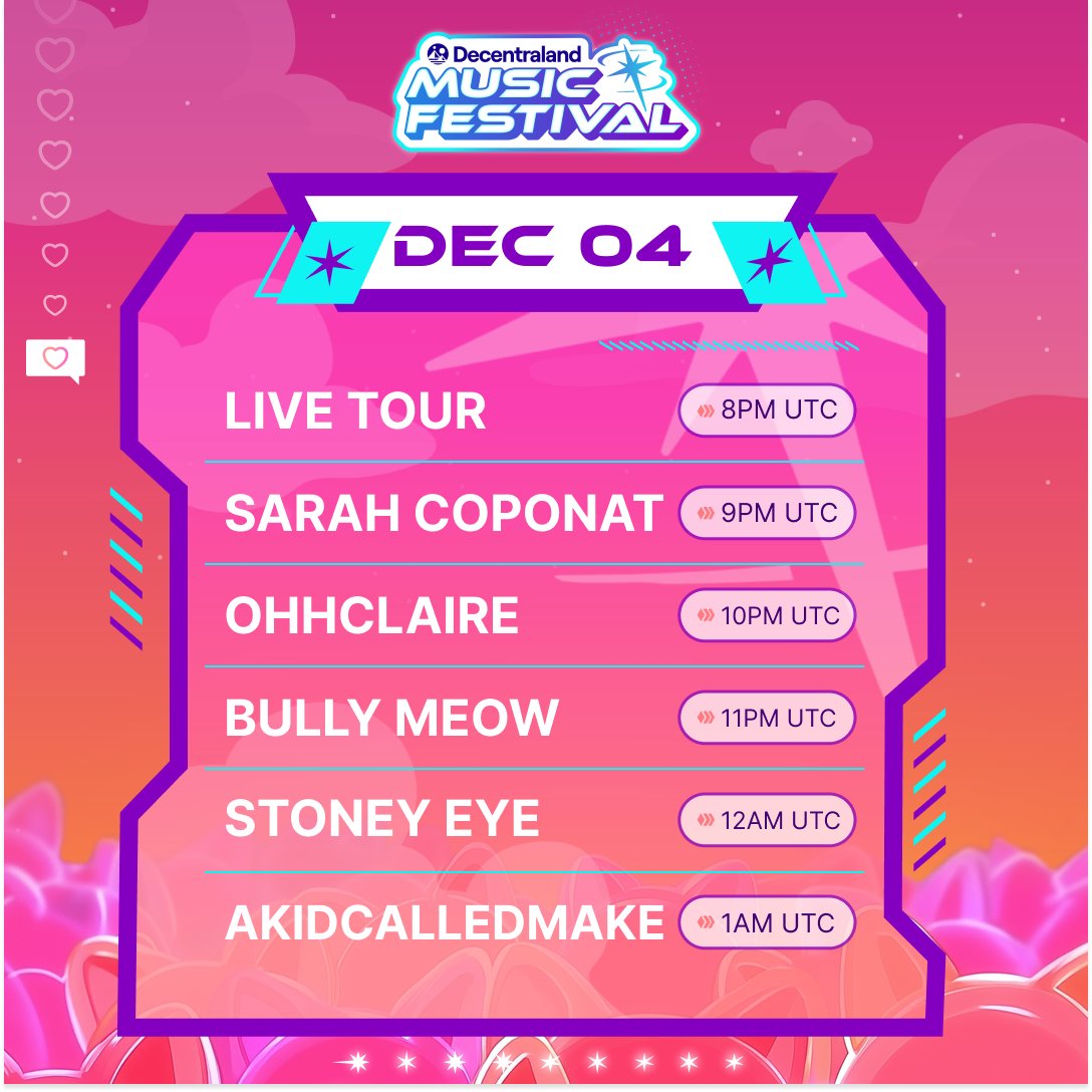 decentraland's tweet photo. Who's ready for round 2? 🔥

In 1 hour the Main Stage lineup kicks off with a tour from @CansyLand &amp; @carlosmu_noz and performances from @SarahCoponat, OhhClaire, @BullyMeow, @stoney_eye, and @MAKEANFT 

Get those Emote wheels ready 🪩 https://t.co/PdNpBrHQLr