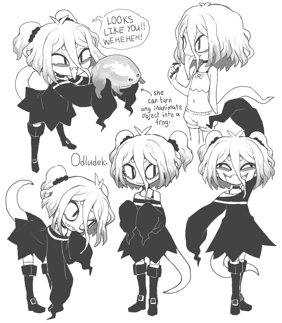 Odludek! A troublesome little newt-like witch that only knows one spell: Transform into Frog. She has no idea how to dispel it.