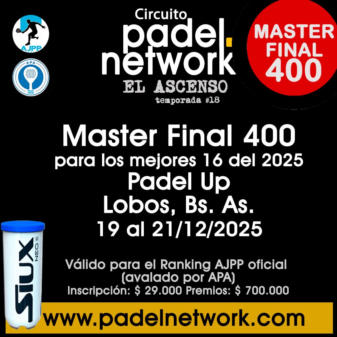 Los mejores del Circuito Padelnetwork AJPP/Ascenso 2025 vuelven a citarse en el Master Final 400 que se jugará en Padel Up de Lobos del 19 al 21/12. Formato tradicional: dos zonas de 4 parejas cada una, de las que clasifican las 2 mejores a semis. padelnetwork.com/ajpp/2025/dici…