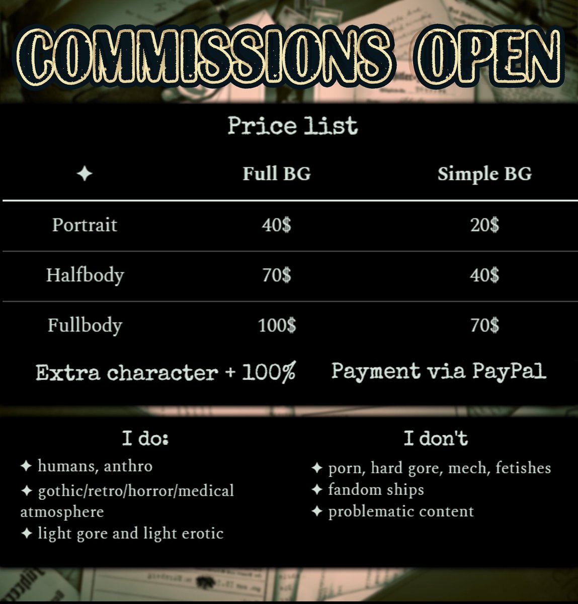 commissions are open so I could save my cat! 
now I have 9 commissions in queue already, so waiting for a result may take a longer time if you are all okay with that. if anyone want to donate for Lucien's health, please DM me