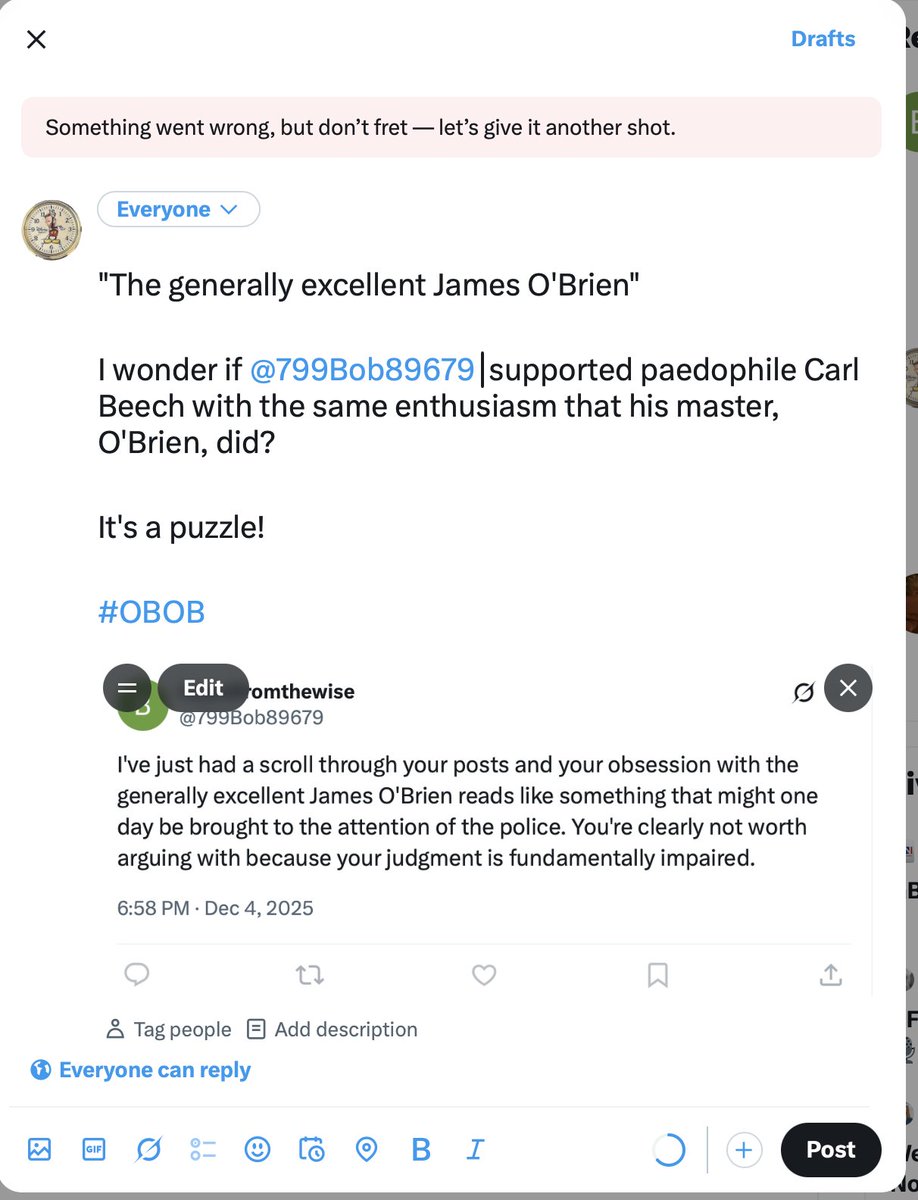 Rebartic's tweet photo. Lickspittle @799bob89679 attacked me and, like a coward, immediately blocked me!

He, like O'Brien, probably supported paedophile Carl Beech!

Pray for Bob!

Pray harder for his children!

#OBOB https://t.co/zV0DLEgv8H