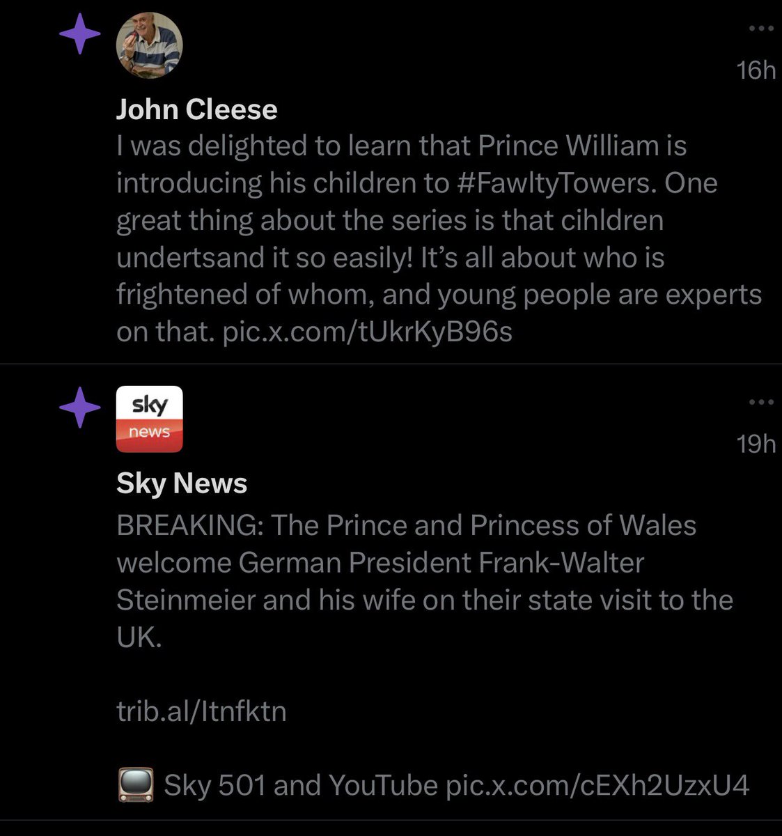 What a wonderful pair of notifications to come next to each other. 
“Don’t mention the war. I mentioned it once but I think I got away with it”
Good times <a href="/JohnCleese/">John Cleese</a>