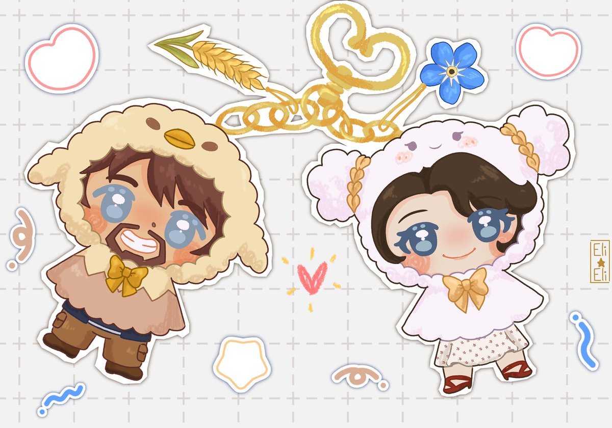 Einar and I have turned into little Sanrio themed keychains ☺️💕 Our outfits represent Shakipiyo and Cogimyun! And of course we couldn't resist including wheat and forget-me-not charms!

🎨: <a href="/EliEliArt/">Eli✨ VGen open (. ❛ ᴗ ❛.)</a>