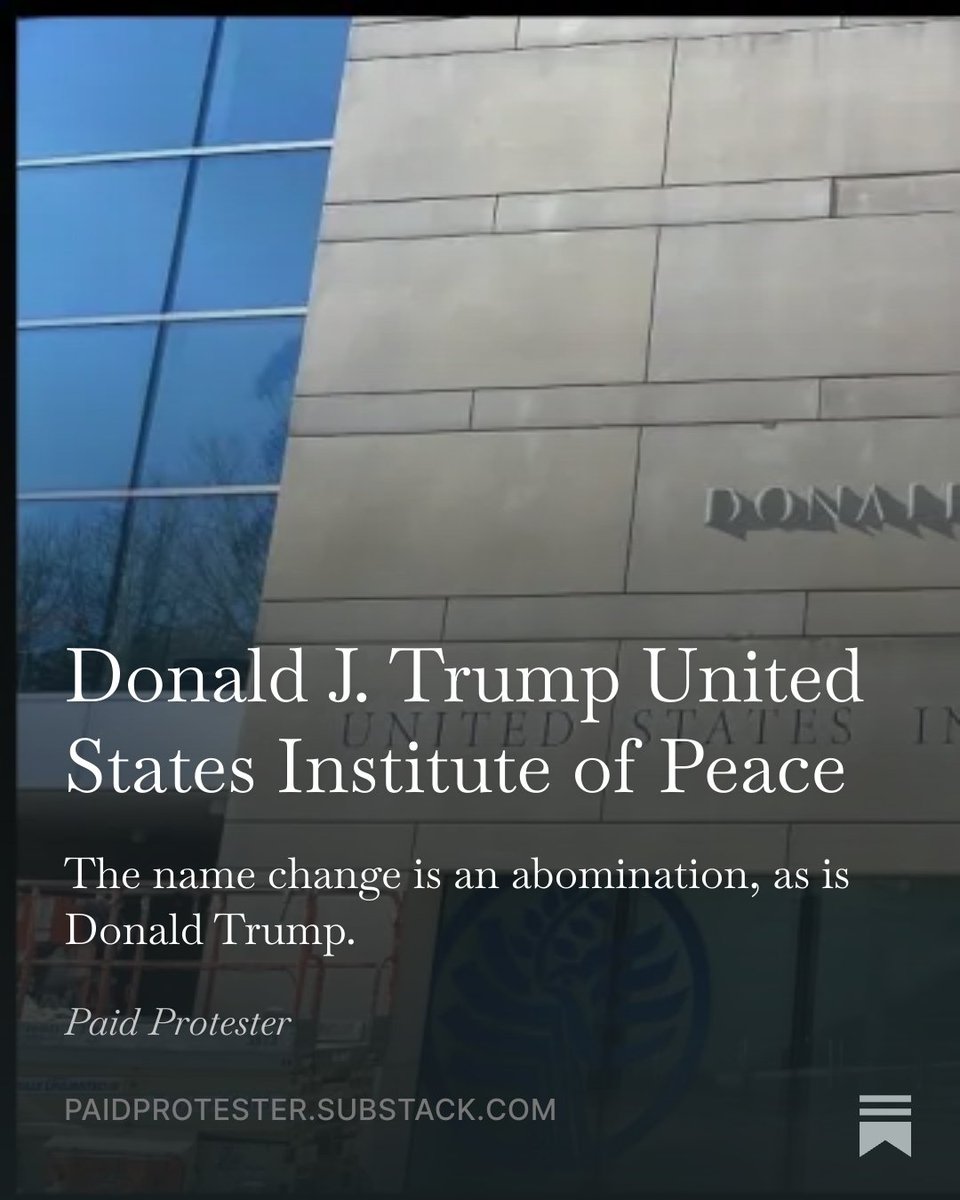 paidprotestr's tweet photo. https://t.co/gZkOfcDbtx
Trump loves to put his name on everything, including a non-profit he hates and tried to destroy. There's a lawsuit about it.
#USIP #Trump #nonprofit #UnitedStatesInstituteOfPeace #abomination #namechange https://t.co/7ZMcChL0Be
