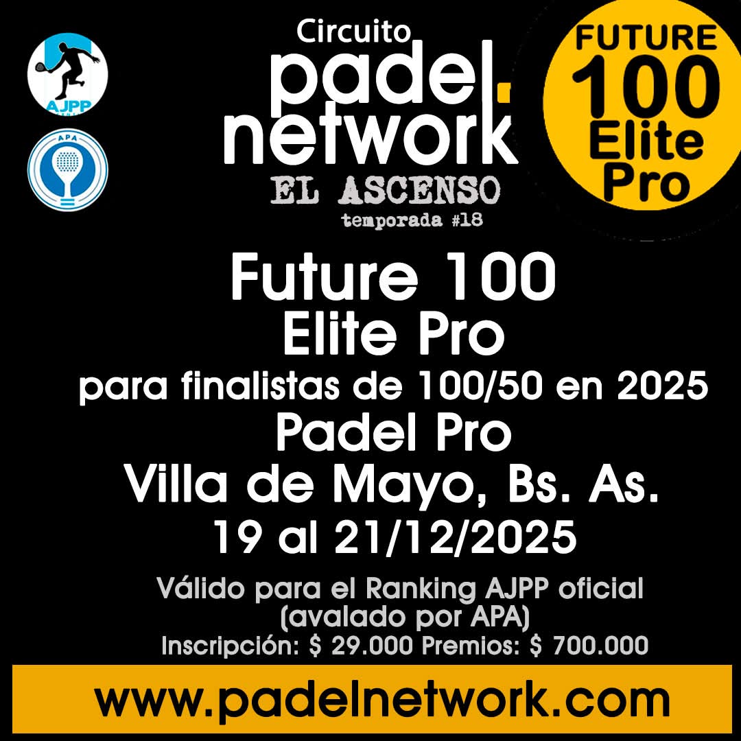 Nuevo torneo para que el segmento intermedio cierre el año con todo. Future 100 Elite Pro en Padel Pro de Villa de Mayo del 19 al 21/12. Sólo pueden jugar quienes llegaron este año a finales de Start 50, Advance 50 y Future 100. 
 padelnetwork.com/ajpp/2025/dici…

padelnetwork.com/inscripcion/