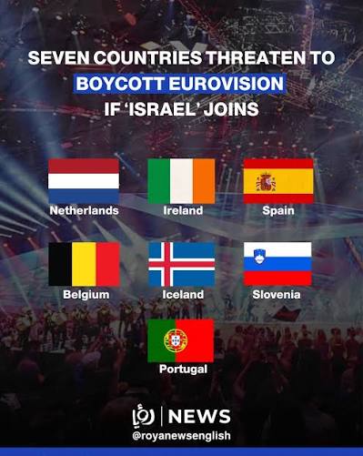 EUROVISION 2026 
Israël autorisé à participer au concours.
Plusieurs pays annoncent déjà leur boycott.
🇮🇹 IRLANDE 
🇪🇦 ESPAGNE 
🇷🇺 PAYS-BAS 
🇸🇮 SLOVÉNIE 
D'autres pays pourraient leur emboîter le pas.
#Eurovision2026