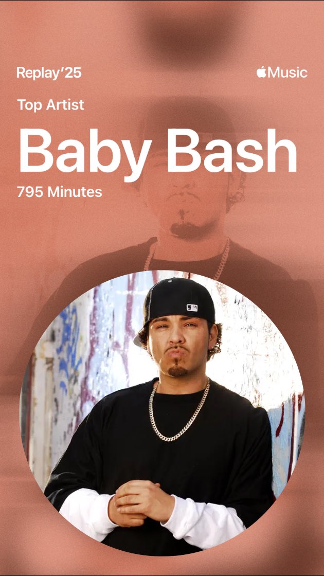F1USA007's tweet photo. My Apple Music Replay top artist of 2025. The criminally underrated @BabyBash! The man knows how to make bangers and feel-good music. https://t.co/S0TJACFptg