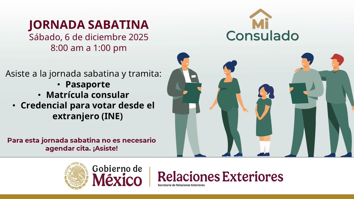Asiste a nuestra próxima jornada sabatina el 6 de diciembre de 8:00 am a 1:00 pm en las instalaciones del Consulado ubicado en 797 E 7th St, St Paul, MN 55106. No se requiere agendar cita. ¡Te esperamos!