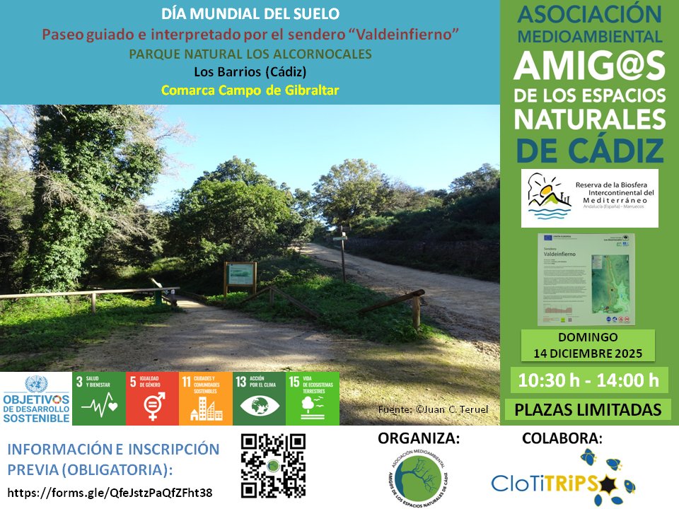 amaeennca's tweet photo. DÍA MUNDIAL SUELO 14DIC25
Paseo sendero Valdeinfierno P.N.Los Alcornocales. Los Barrios (CA)
10:30-14:00h aproximad.
Plazas limitadas
Inscripción: https://t.co/gO2cZwEmRL
Hora/punto encuentro se comunicará participantes admitid@s
Tramo 800 m accesible personas movilidad reducida https://t.co/OjWwTjLtHt