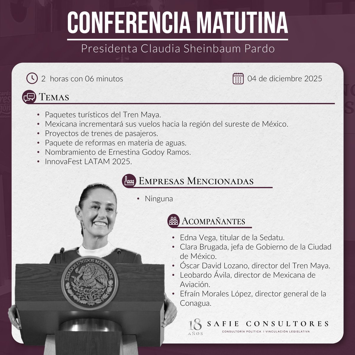 📰 #SafieConsultores te presenta los #highlights de la conferencia matutina de hoy. Conoce las empresas mencionadas y los funcionarios que acompañaron a la presidenta. #ConferenciaPresidenta #GobiernodeMexico