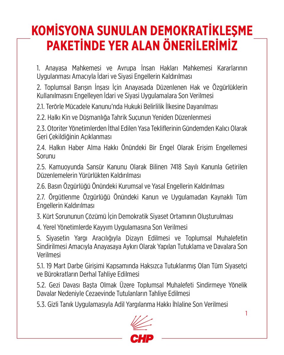 herkesicinCHP's tweet image. TBMM Çözüm Komisyonu’na sunduğumuz Demokratikleşme Paketi’nde yer alan önerilerimiz.