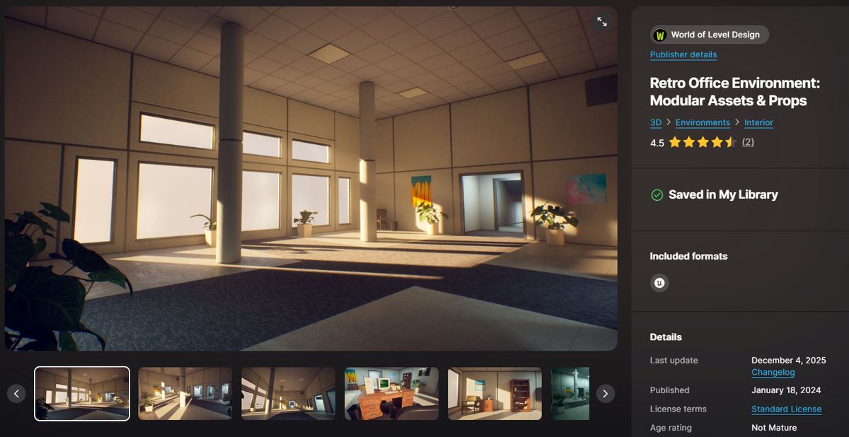 GameLevelDesign's tweet image. Currently only have two environment asset packs on Fab at the moment (more will come).

And I updated both to work in UE5 v5.3-v5.7

Get Retro Office Modular Asset Pack or Liminal Spaces Tiled Rooms &amp;amp; Pools or both to create with in UE5.

Create &amp;amp; Immerse: fab.com/sellers/World%…