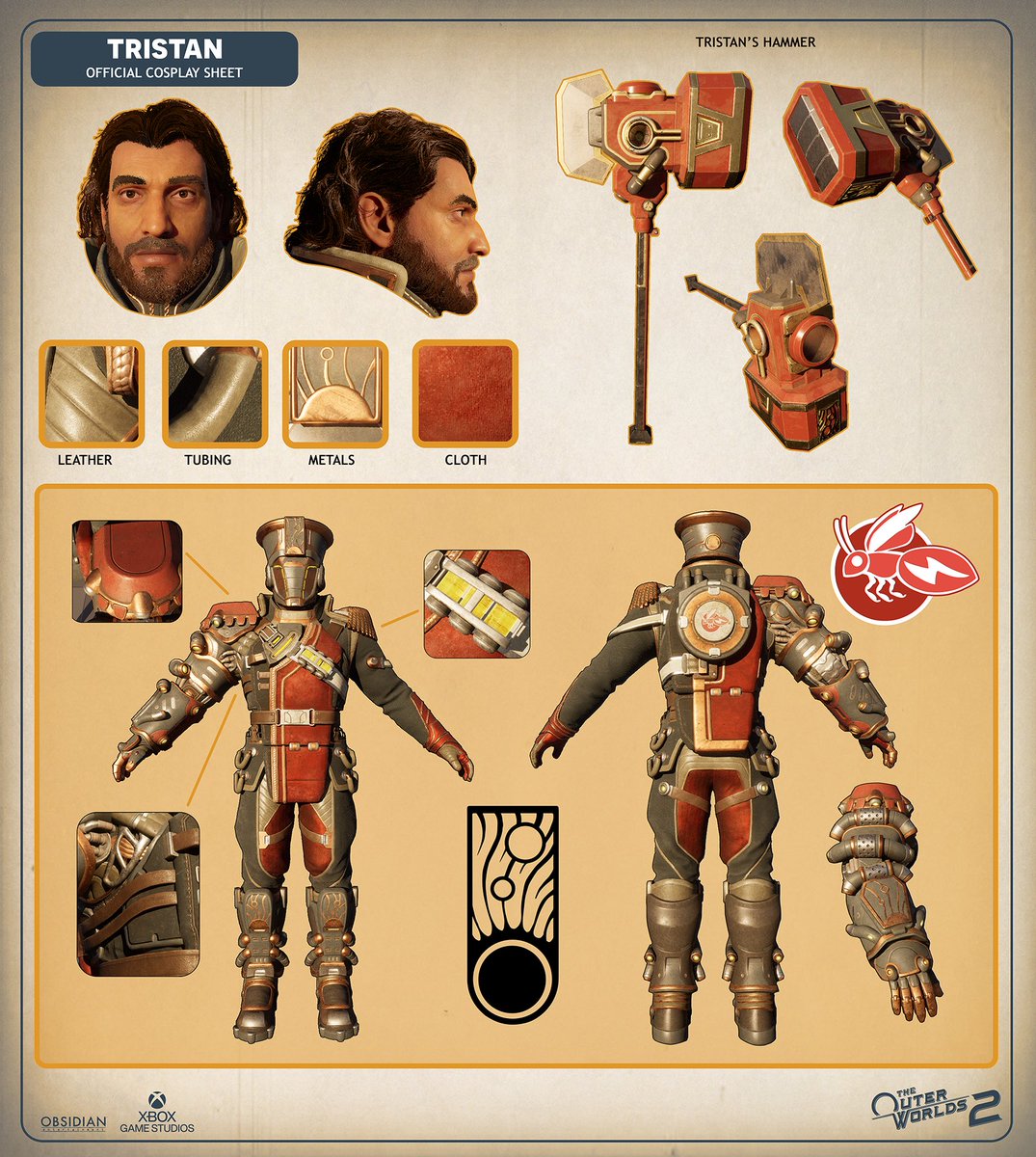 OuterWorlds's tweet photo. The Tristan Official Cosplay Sheet is available in The Outer Worlds 2 Fan Kit. ✨ 

Check out all our cosplay sheets and much more: https://t.co/LiO07FqnbU https://t.co/mmXWe5muqW