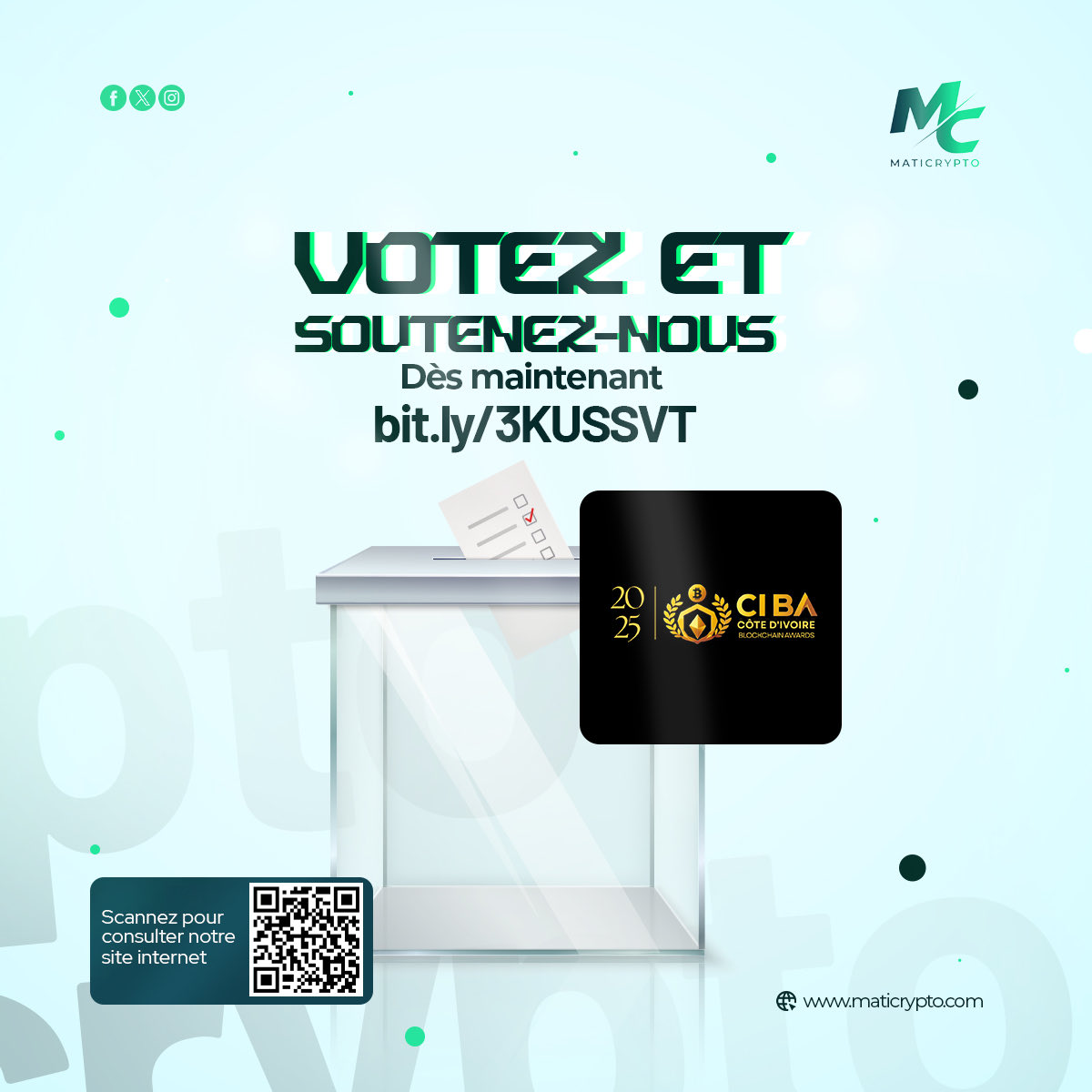 maticryptocom's tweet photo. Hello la team 👀 
Nous sommes à quelques jours de la nomination et ensemble on va y arriver ! 😎
On compte toujours sur vous pour voter ! 💚
Lien en bio/ Story 

Cliquez ici : https://t.co/3IEFUSUT55

#Maticrypto #BlockchainAwards #IvoireCrypto https://t.co/EgwqeKZhOM