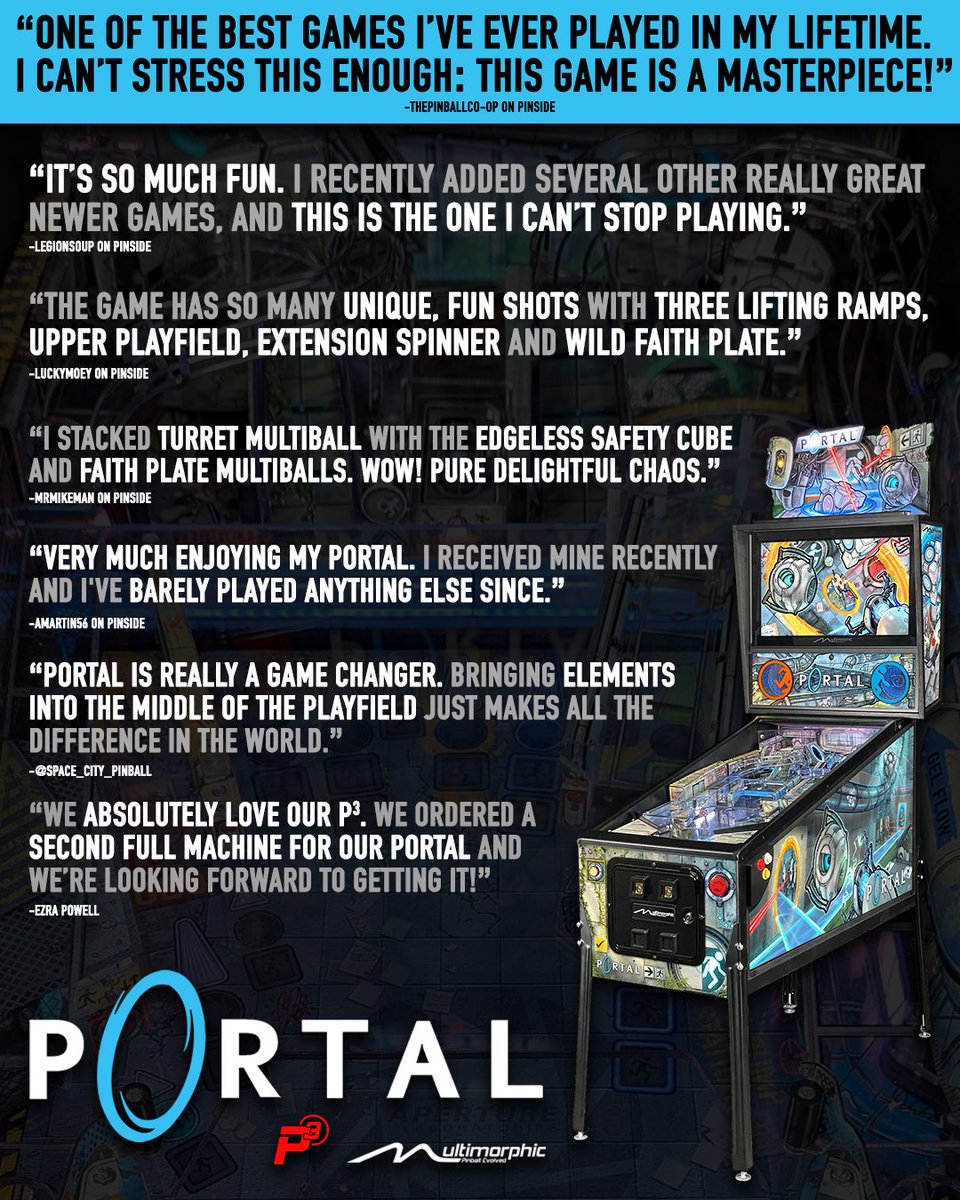 We are blown away with the response to Portal pinball! Thank you for giving the P³ a fresh look and for sharing your excitement with us. Here’s what players are saying ⬇️

Learn more about Portal at multimorphic.com

#Pinball #Portal #Valve #PinballEvolved