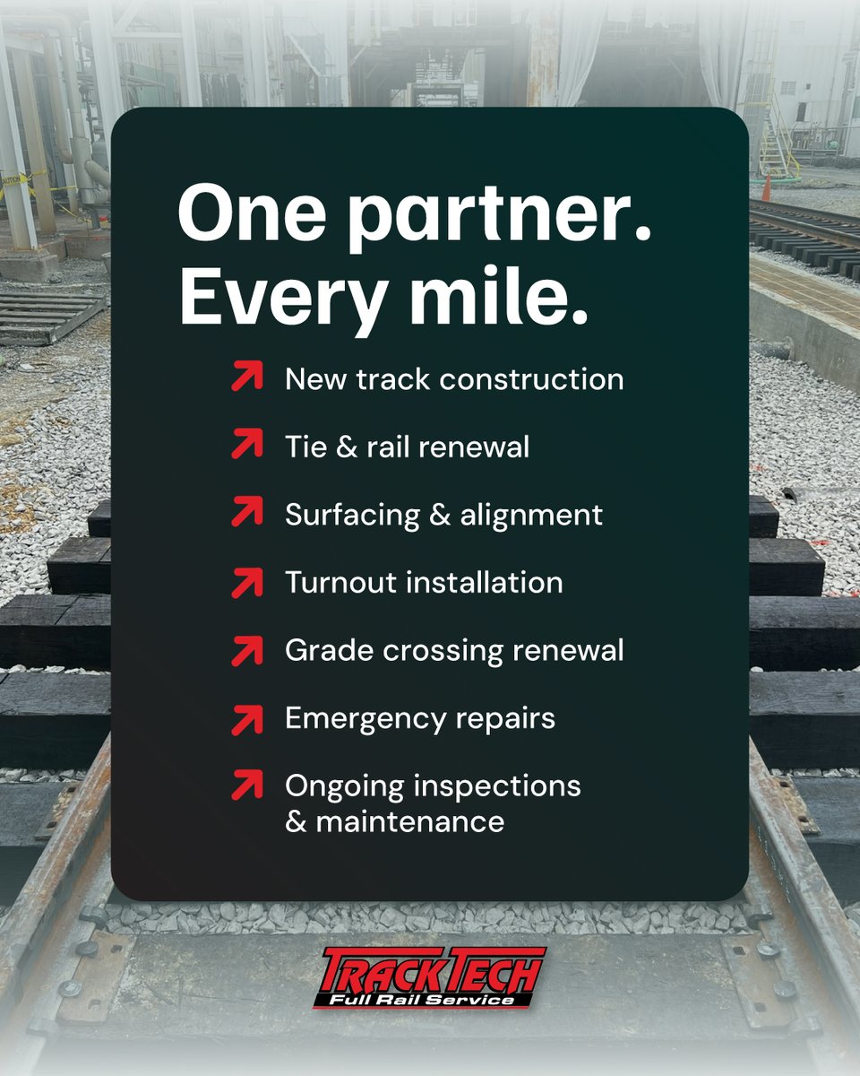 TrackTech_Inc's tweet image. Whether you need a full build or a targeted fix, Track Tech supports rail systems from end to end.

#RailServices #TrackMaintenance #RailroadContractor #RailProjects #TrackExperts