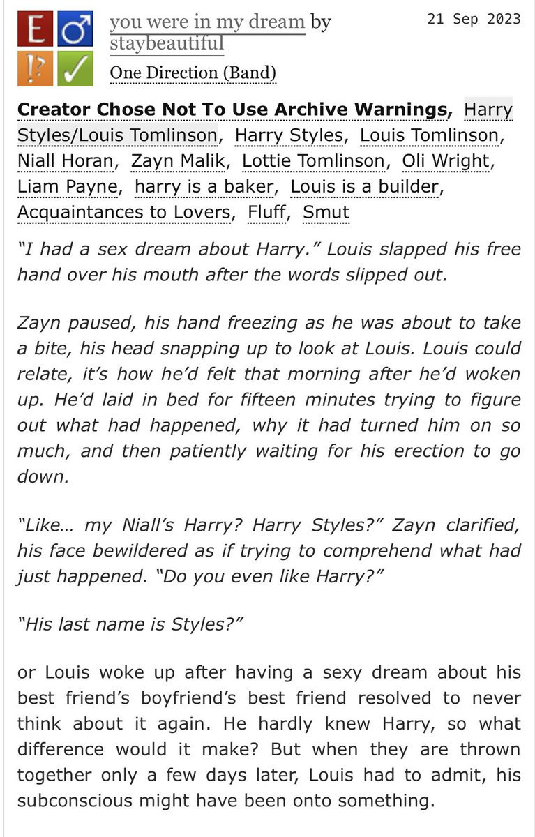 alarryshelf's tweet photo. You were in my dream by staybeautiful (59k)

Strangers to lovers. L is a builder, H is a baker. They’re friends through mutual friends. Slow burn. Falling In love. Some smut. Just absolutely adorable. This L&amp;H are perfect. One of the best fics I’ve read. 

https://t.co/LTbcsXUGRI https://t.co/QAOsbX8RPf