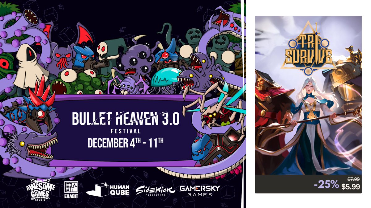 Tri Survive is joining the Bullet Heaven 3.0 Festival with a 25% discount.

If you haven’t grabbed the game yet, now’s the perfect time. Jump in, rotate your three heroes, and dive into the chaos: store.steampowered.com/app/3072970/Tr…

Happy #Bulletheaven Festival, survivors! 🎉

#Indiegame