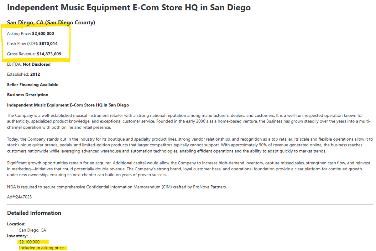 Another interesting deal... music equipment retailer (mostly ecom)

Maybe doesn't pass the sniff test... $2.6m ask price with $2.1m inventory included and $870k SDE?