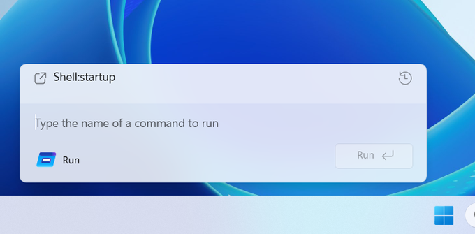 Modern Run dialog in Windows 11. The icon and name are visible in the bottom left, with a Run button in the bottom right and recents at the top. A "Type the name of a command to run" text box is also visible.
