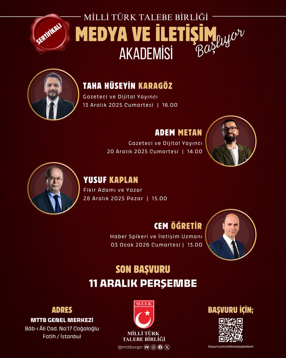 mttborgtr's tweet photo. 📢"Medya ve İletişim Akademisi" MTTB'de Başlıyor!

*Ücretsiz
*Sertifikalı
*Son Başvuru Tarihi: 11 Aralık 2025

📝 Detaylı Bilgi ve Başvuru İçin:
https://t.co/A6fntws04e

#MTTBmüslümancaduruştur
#MTTBŞAHLANIŞTIR https://t.co/MpZAPnPAGY
