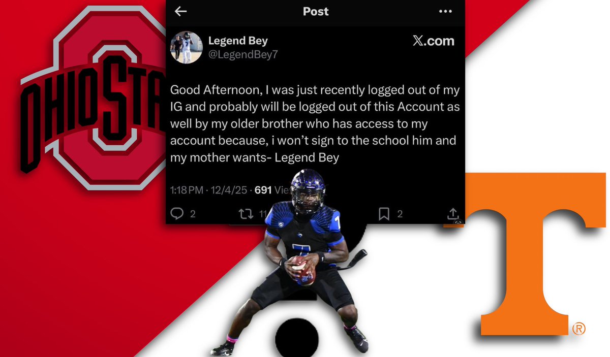 NathanCB0108's tweet photo. LEGEND BEY UPDATE 

This tweet which has sense been deleted states that he does indeed want to go to Ohio State and will not sign with Tennessee and instead sign with Ohio state when he turns 18 which will arrive in 3 weeks 

#Legendbey #ohiostate #tennesse https://t.co/PcKG7n2Vjt