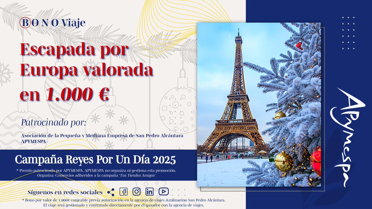 Mercadillo Navideño y la campaña ‘Reyes por un Día’ para dinamizar el comercio. 🎁 t.ly/W7cYB APYMESPA

#APYMESPA #BonoViaje #Comercios #CostaDelSol #Eventos #Málaga #MercadilloNavideño #MercadilloNavideño2025 #NuevaAndalucía #ReyesPorUnDía #SanPedroAlcántara