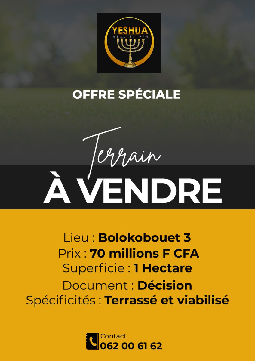 TERRAIN À VENDRE 
BOLOKOBOUET 3 
70  000 000 FCFA 
1 Hectare 
Décision 
#immobilier Haut Standing 
#immobilier de Luxe
#immobilier sur mesure
#immobilier "Haute Couture"
Nous democratisons le Luxe
#Gabon 
#promotionimmobiliere 
#fepig 
#yeshuarealestate