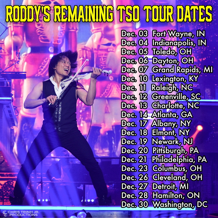 Trans-Siberian Orchestra East 2025 remaining December dates/cities! 🤘🎄📸 + Graphic: Chris Trinh Jr. #TSO #TSOTour #TSOTime #RoddyChong #OnStage #TransSiberianOrchestra #Violinist #Speaker #Work #Performer #MusicAndMovement