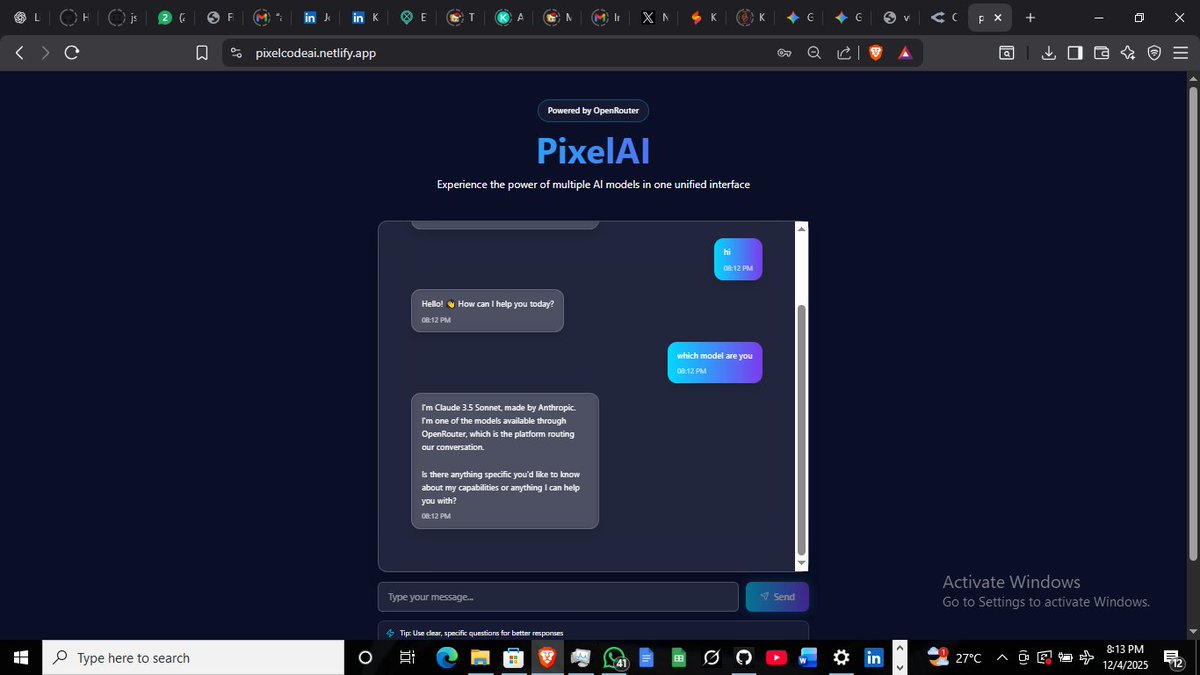 azeru548's tweet photo. I recently built a web app that allows users to plug in their OpenRouter API key and get direct access to the Claude 3.5 model—all from a simple, clean interface.#NextJS #AI #Claude3 #OpenRouter #WebDevelopment #Automation #DevProjects #LearningInPublic https://t.co/K6FqQEuy0n