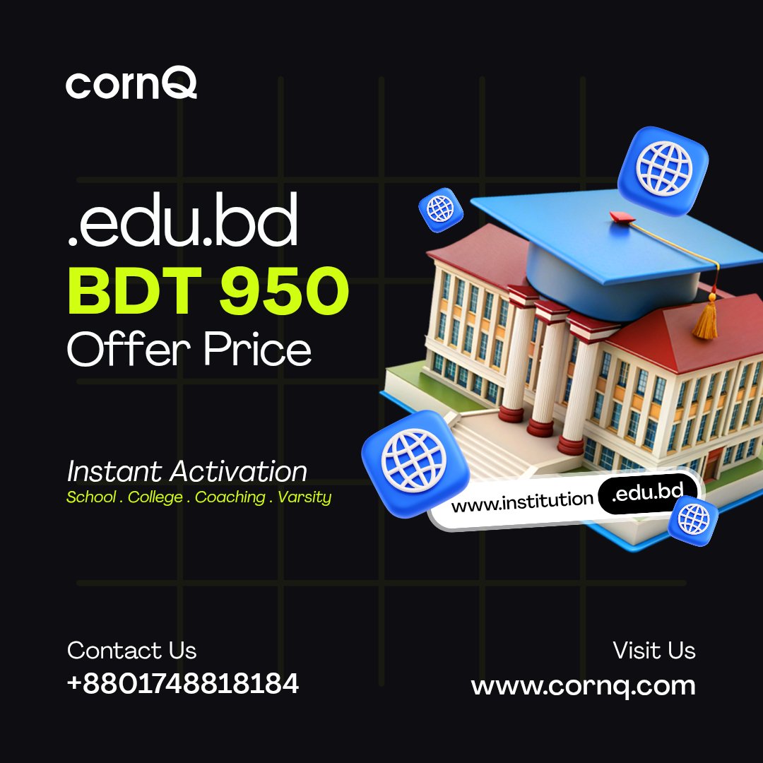 mycornQ's tweet photo. “.edu.bd” is the preferred domain for educational institutions such as schools, colleges, coaching centers, and universities. Using this domain extension enhances your local online visibility and helps audiences instantly recognize that your organization operates in Bangladesh. https://t.co/YNmBLz0UaX