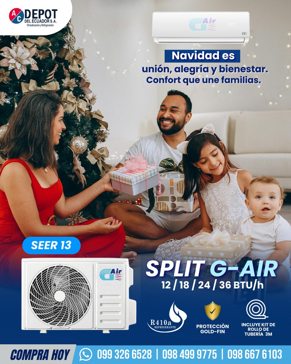 ACDEPOT_EC's tweet photo. 🎄���Porque la Navidad es unión y alegría, acompáñala con el aire perfecto del Split.
❄️Tecnología que cuida tu ambiente y tu familia.
📲099 326 6528 | 098 499 9775
📲099 825 8733 | 098 667 6103
#acdepotecuador #aireacondicionado #climatizacion #refrigeracion  #ducteria https://t.co/txz4j7L7Hd