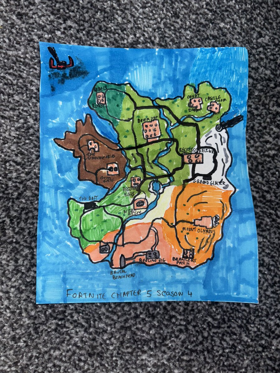 FNBRDrawings's tweet photo. This is so random so my little brother who’s 6 just came in my room and showed me his sketch of the chapter 5 season 4 map it’s really not bad at all and he didn’t start playing Fortnite till chapter 6 season 3 so well done to him for this sketch of my favourite map https://t.co/9YEw3xg9Pg