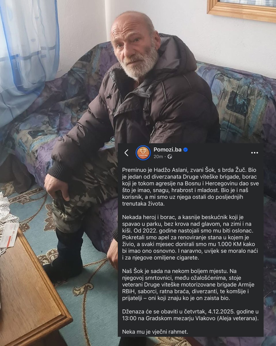 Hadžo Aslani:
-Defender and Hero of Sarajevo during the battle of the hill Žuč.

Since 2002 he lived on the street.
In 2022 until he died a charity took care of him.

Forgive us Hadžo for betraying you.
His funeral (middle picture):