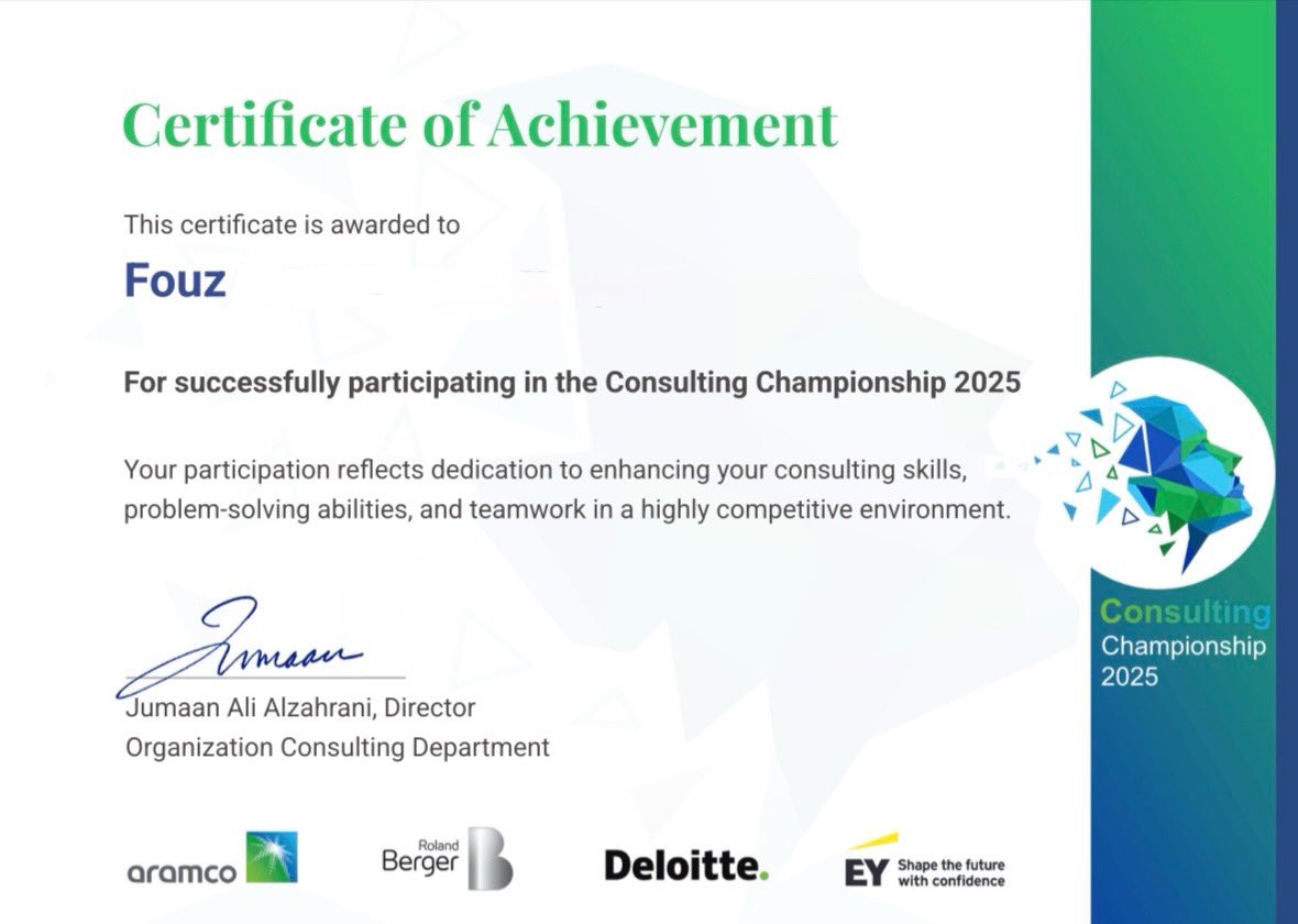 فخورة جدًا بهاللحظة 🌟
شاركنا في مسابقة الاستشارات 2025 مع أرامكو ، EY ، Deloitte بين 1888 فريق!

التجربة كانت رهيبة واكتشفت عالم الأستشارات عن قُرب 👩🏻‍💻✨✨