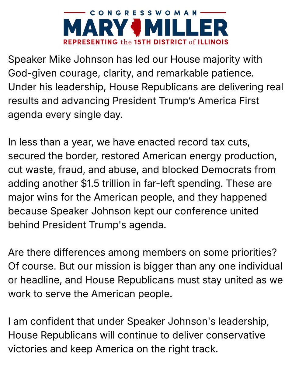 RepMaryMiller's tweet photo. .@SpeakerJohnson has led our House majority with God-given courage, clarity, and remarkable patience. Under his leadership, Republicans are delivering historic wins for the American people and advancing President Trump’s America First agenda. https://t.co/sOMaFPgU47