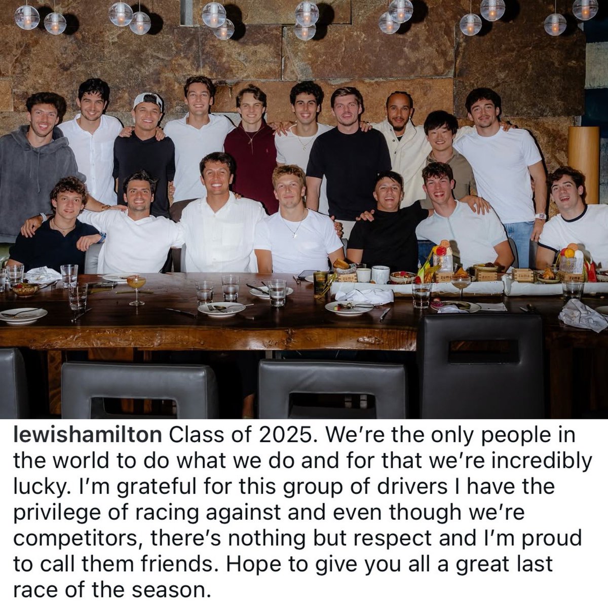 Love this perspective from Lewis Hamilton.

The F1 Class of 2025 met up before the season finale.