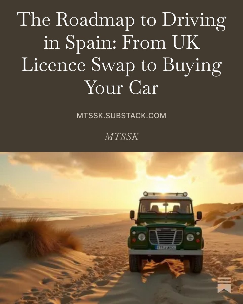 MTSSK2025's tweet image. 🚗 STOP! Before you even think about driving your UK car in Spain... read this.

mtssk.substack.com/p/the-roadmap-…

Share this with someone who needs it! 🤝

#DrivingInSpain #UKExpats #SpainRelocation #Expats #MovingToSpain #CarAdvice