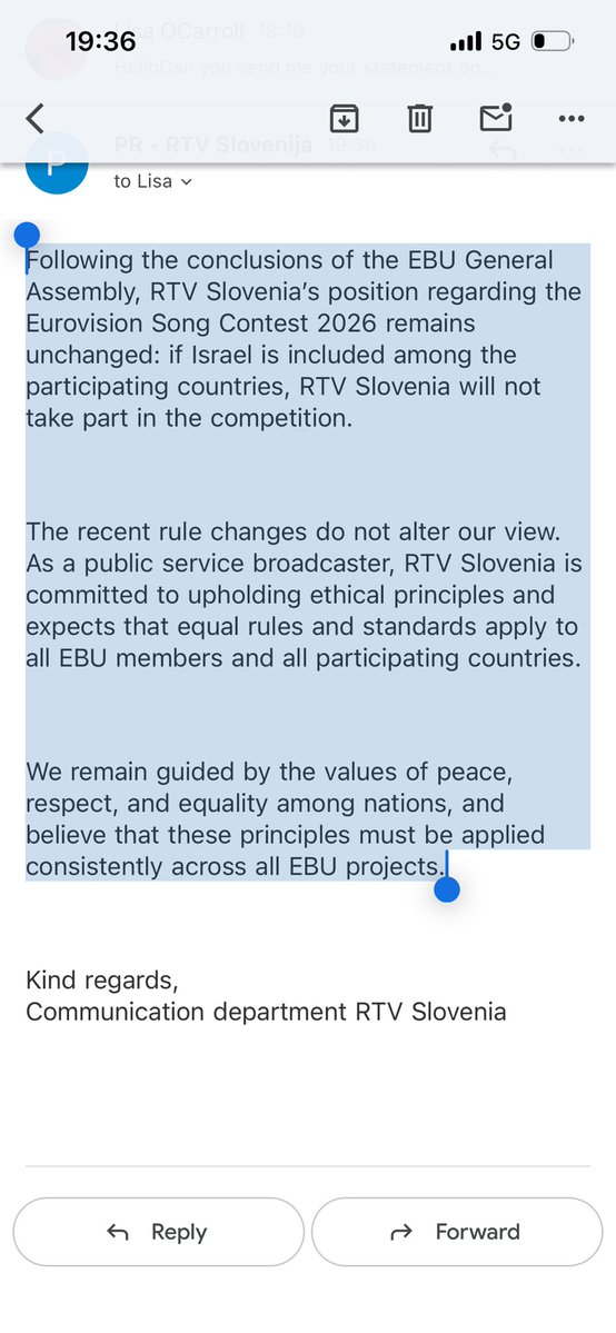 Slovenia broadcaster’s full statement on Eurovision - it will not be taking part