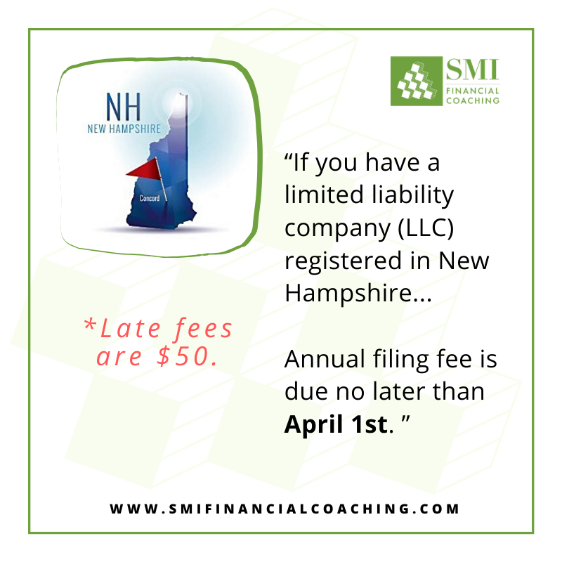If you have a limited liability company (LLC) registered in #NewHampshire, your annual report and filing fee are due by April 1st. Late fees are $50 and your business will be dissolved if you’re over 2 years past due. #smallbusiness #finances
