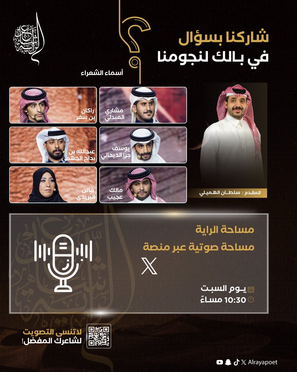 نجوم الحلقة الثالثة من شاعر الراية✨

في مساحة صوتية تجمعهم مع سلطان الهميلي <a href="/sul_1b/">سلطان الهميلي</a>.

كونوا على الموعد في تمام الساعة 10:30 مساءً بتوقيت السعودية.

<a href="/ruqi_97/">مالك عجيب</a> | <a href="/pp_3e/">مشاري العبدلي</a> | <a href="/Y_alde7anii/">يوسف جزا الديحاني</a> | <a href="/uulc_/">راكان بن سفر</a> | <a href="/faten_albraidi/">فاتن البريدي 🇯🇴🇯🇴</a> | <a href="/h_u8m/">عبدالله بداح الجهمي</a> 

#شاعر_الراية | #للشعر_بقية | #الموسم_الرابع