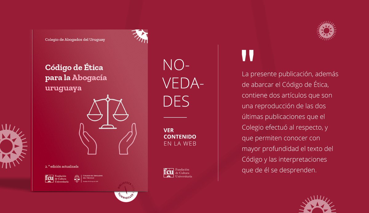 «Código de Ética para la Abogacía uruguaya»
Autor: Colegio de Abogados del Uruguay

¡Ya disponible! 📚

¡Encontralo en nuestra web FCU.EDU.UY! 🌐
Y en nuestras librerías:
📍Ciudad Vieja
📍Hall Udelar
📍CENUR Salto