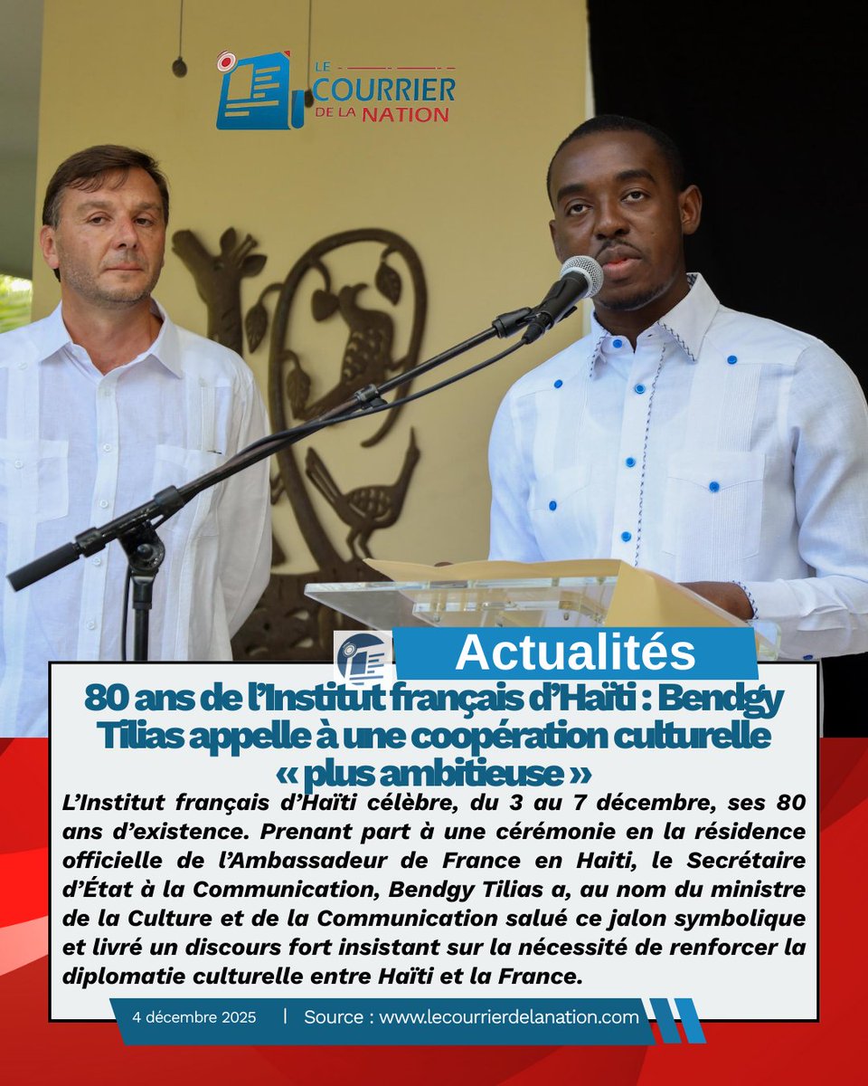 L’Institut français d’Haïti célèbre, du 3 au 7 décembre, ses 80 ans d’existence. Prenant part à une cérémonie en la résidence officielle de l’Ambassadeur de France en Haiti, le Secrétaire d’État à la Communication, <a href="/BendgyTilias/">Bendgy Tilias</a> a, au nom du ministre...

lecourrierdelanation.com/actualites/art…