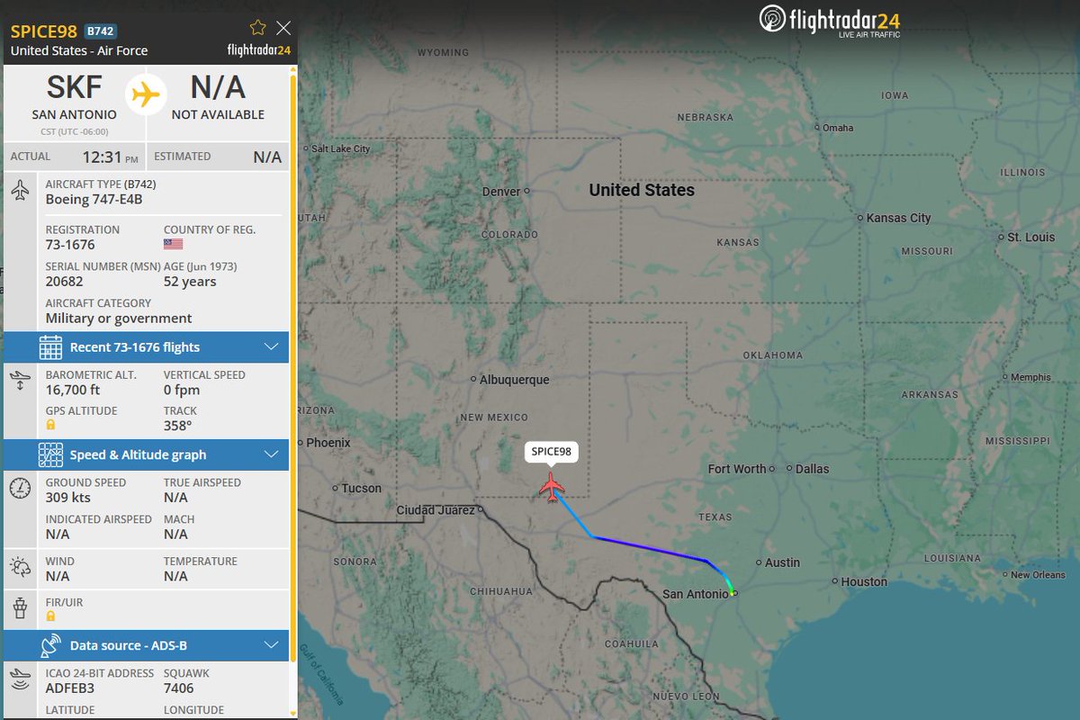 E-4B Nightwatch 73-1676 as Spice-98 is out on test flight #7 following programmed depot maintenance at Joint Base San Antonio.  At 3.5 months and 7 flights since flight test began, this has stretched into the longest cycle in several years.