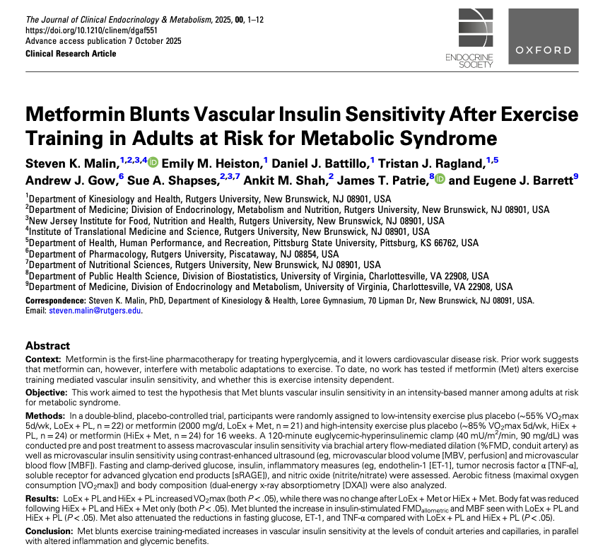 Combining metformin with high-intensity exercise interferes with improvements in VO₂ max and vascular insulin sensitivity.

Adults performing low- or high-intensity aerobic exercise for 16 weeks while taking metformin (2,000 mg/day) showed no improvement in VO₂ max. Those on