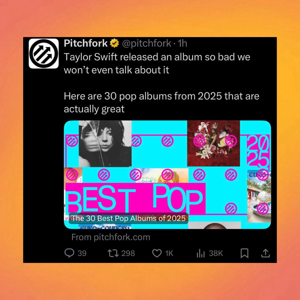 Pitchfork disrespects Taylor Swift’s recent album ‘The Life of a Showgirl’ for no reason in new Twitter / X post, continuing their tradition of unnecessary negativity towards women in the music industry.