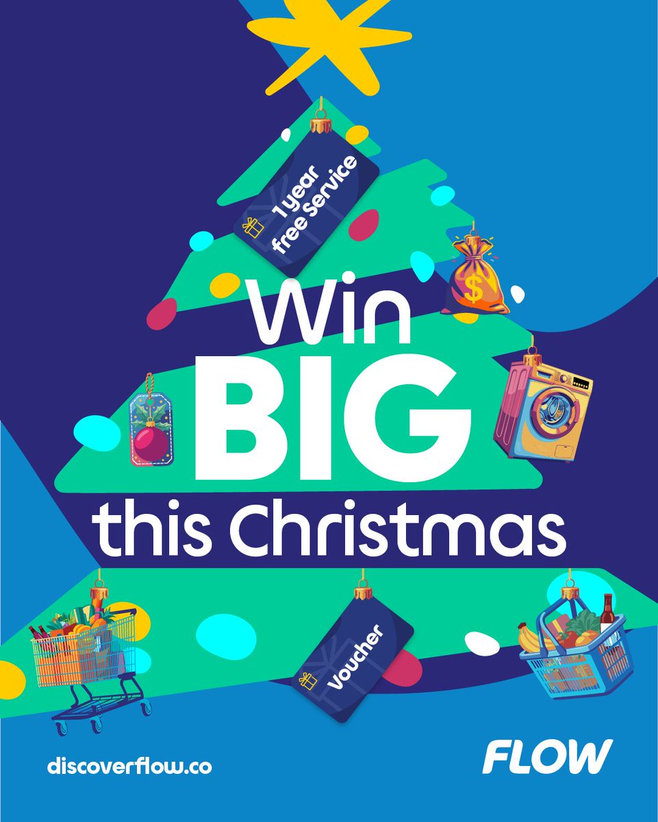 Win big this Christmas!
Pay your Flow bill on time, sign up for service, or activate a plan for a chance to win 1 year Free Service, a Washer and Dryer or a Shopping Spree!
Make your Christmas Riddim unforgettable. 💙