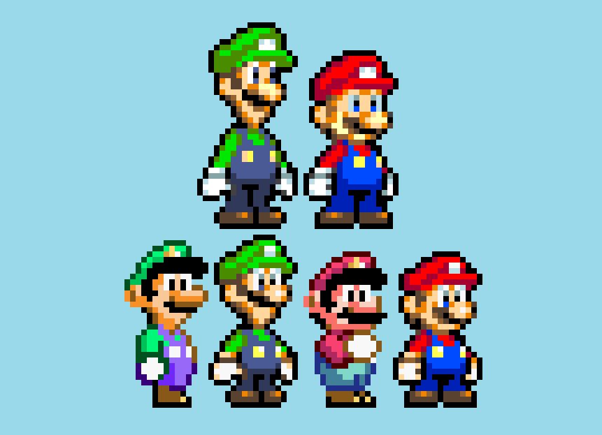 DStarx99's tweet photo. Conversions of Mario &amp; Luigi’s sprites from Super Princess Peach in Super Mario World’s sprite format. https://t.co/vfxf5Yxxg5