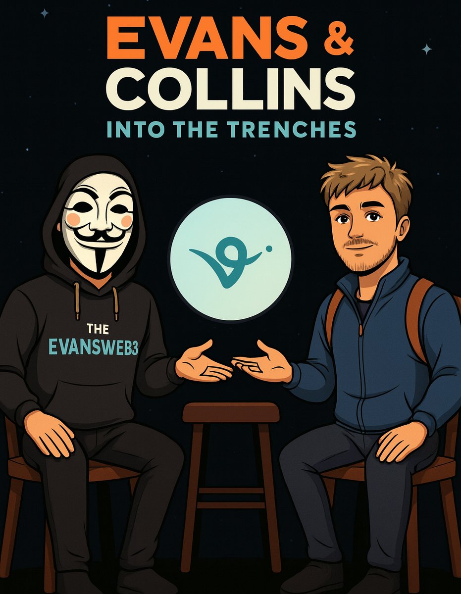 Evans and Collins Into the Trenches podcast artwork featuring a mysterious hooded figure and a young adventurer discussing Virtuals.io