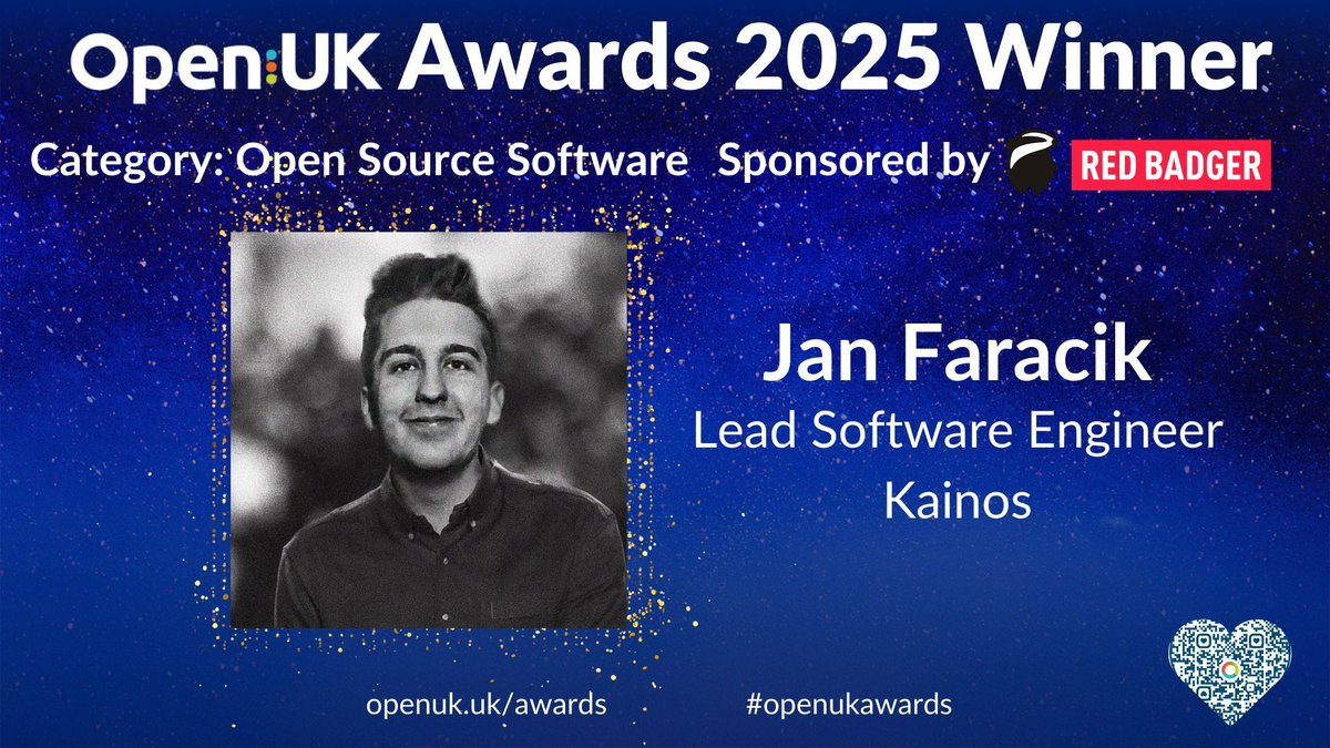 openuk_uk's tweet image. 🎉 Congratulations to Jan Faracik of @KainosSoftware for securing the win in the Open Source Software category, sponsored by @RedBadgerTeam at the OpenUK Awards 2025!
#openukawards #opensource #opensourcesoftware
